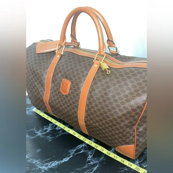 CELINE Macadam Pattern BostonTravel Duffle Bag Leather PVC Brown +Lock AUTHENTIC - Picture 13 of 16